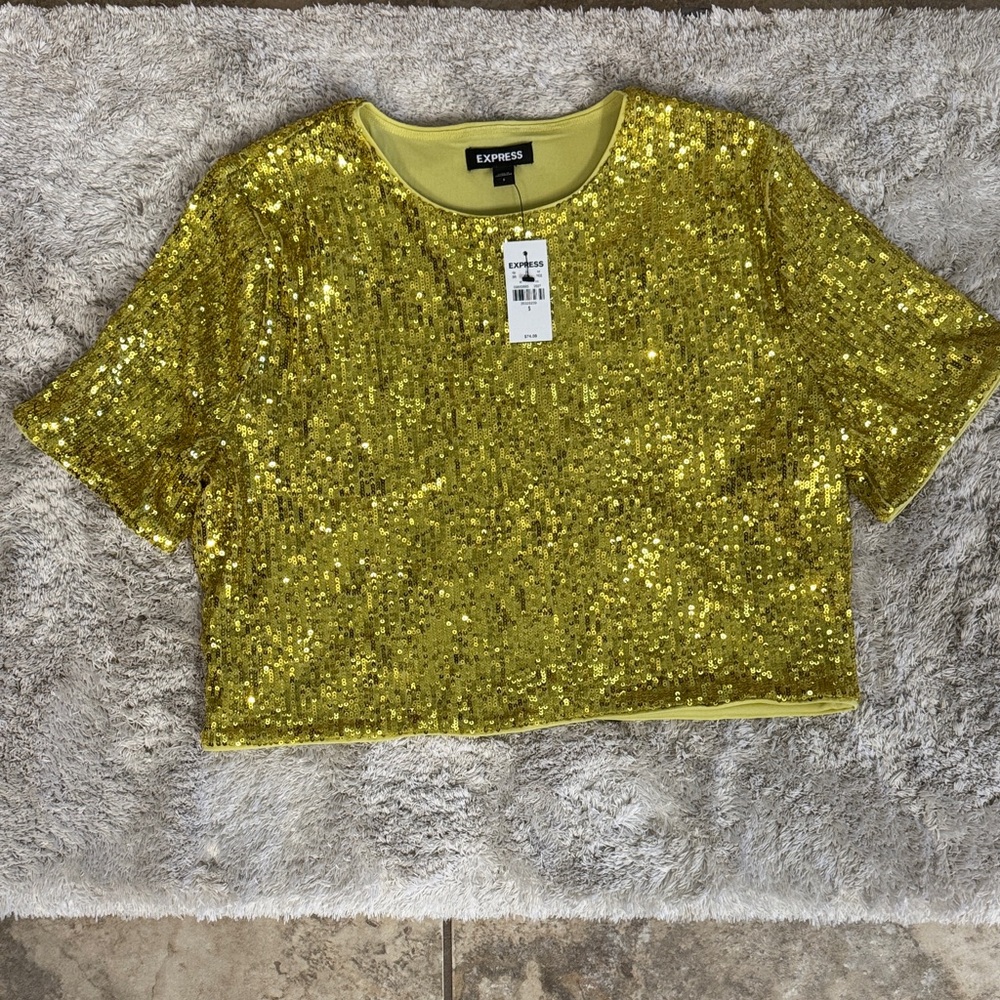 Express Shimmering Gold Sequin Crop Top